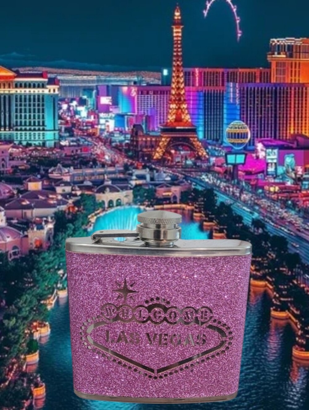 "Welcome to Las Vegas" Pink and Silver Glitter Collector's Flask